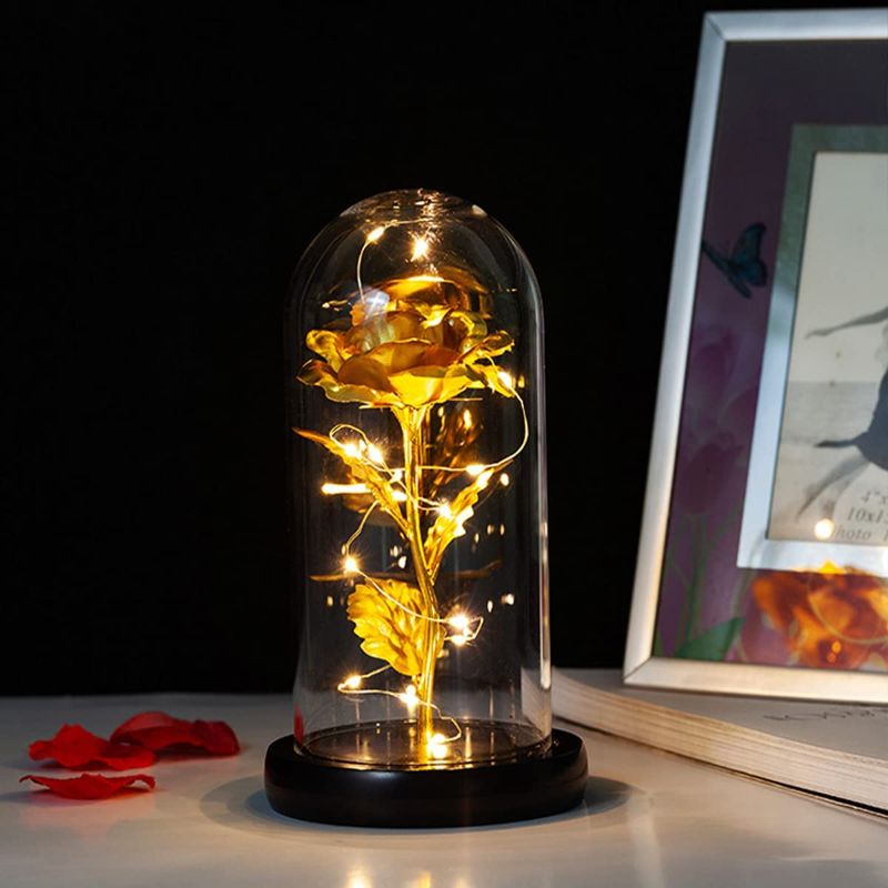 Photo 1 of 24K Golden Rose Gift-24k Gold Rose in Glass Dome with Fairy String Light, Forever Artificial Flowers,Light Up Rose, Enchanted Rose Gift for Her on Valentines Day Wedding Anniversary Birthday.