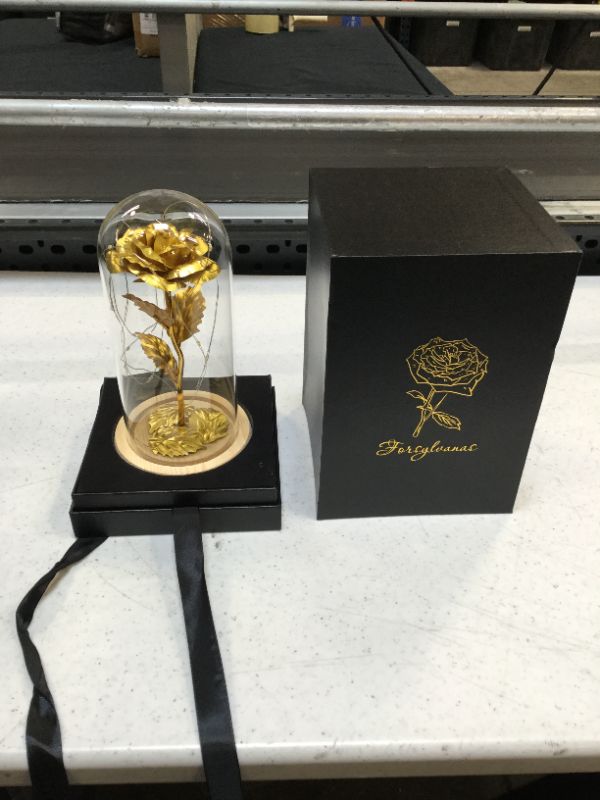 Photo 2 of 24K Golden Rose Gift-24k Gold Rose in Glass Dome with Fairy String Light, Forever Artificial Flowers,Light Up Rose, Enchanted Rose Gift for Her on Valentines Day Wedding Anniversary Birthday.