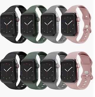 Photo 1 of Jomoq Bands Compatible with Apple Watch 8 Pack Silicone Soft Waterproof Sport Replacement Wristbands Compatible with iWatch Series 7 SE 6 5 4 3 2 1 Women Men Water Resistant Slim Strap 45/44/42/41/40/38mm for Apple Watch
