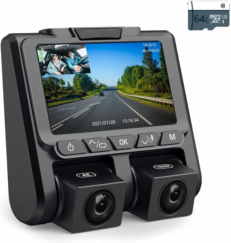 Photo 1 of 4K Dual Dash Cam with 64 GB SD Card, 4K 2160P Front and FHD 1080P Inside Dual Da
