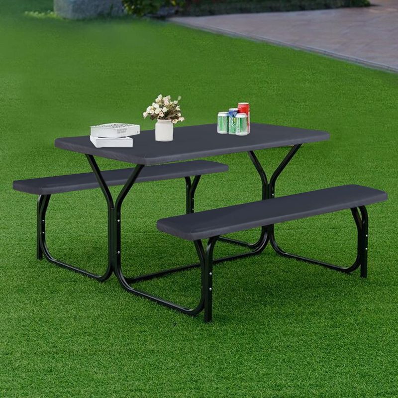 Photo 1 of Fitable Outdoor Indoor Picnic Table Cover Waterproof Elastic Table Cover with Bench Covers 3pcs Set Vinyl Fitted Flannel Backing Tablecloth 30"*72" for Picnic/Travel/Holiday/Party/Folding Table Grey
