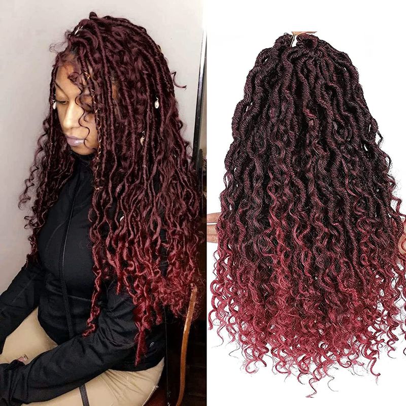 Photo 1 of 6 Packs Curly Faux Locs Crochet Hair Ombre Burgundy 18 Inch Goddess Locs Crochet Hair Hippie Locs Synthetic Braids Hair Extensions (18Inch, 6Packs, TBug)

