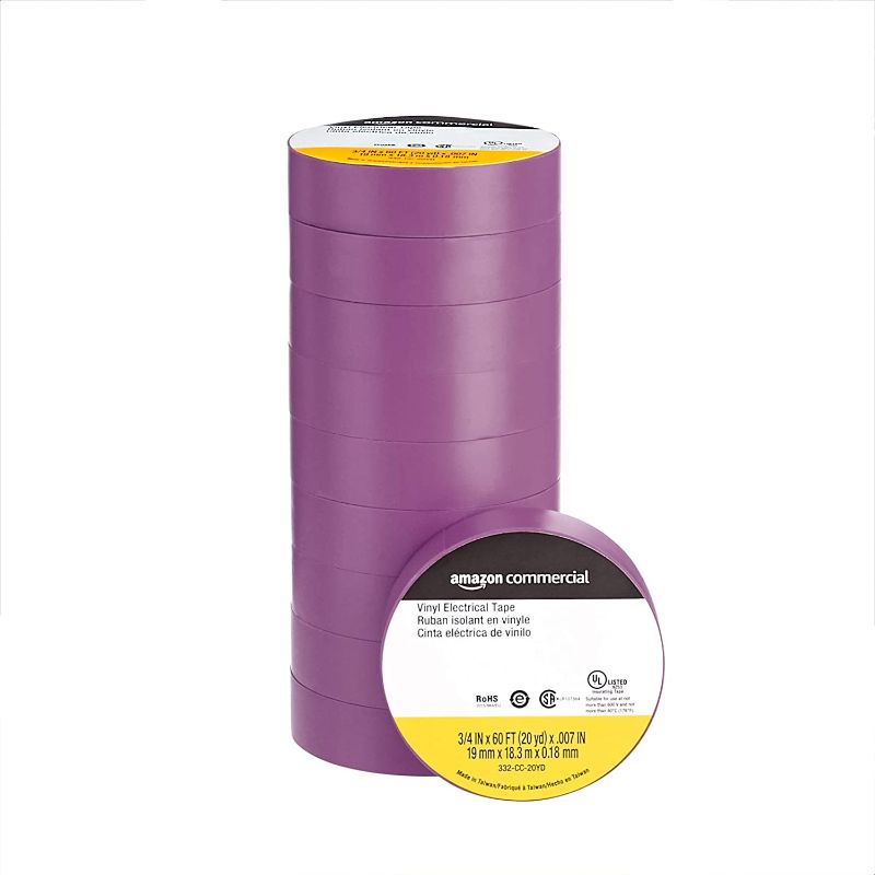 Photo 1 of AmazonCommercial Vinyl Electrical Tape, 3/4 in x 60 ft x 0.007in (19 mm x 18.3 m x 0.18mm), Purple, 10-Pack
