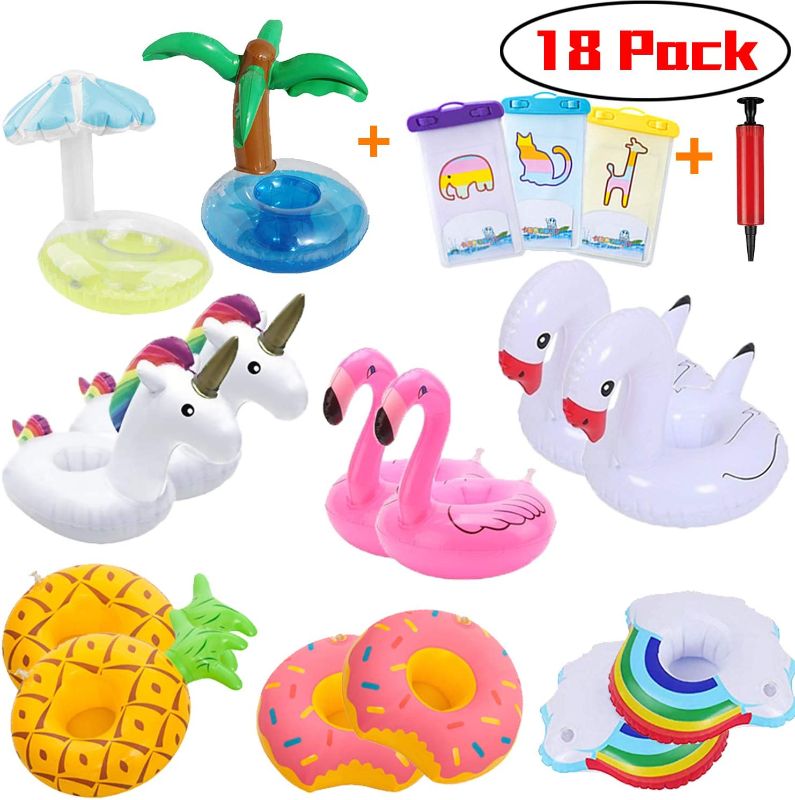 Photo 1 of Inflatable Drink Holder 14 Pack Pool Drink Holder with 1 Inflator and 3 Waterproof Bag for Phone, Pool Drink Holder for Pool Party
