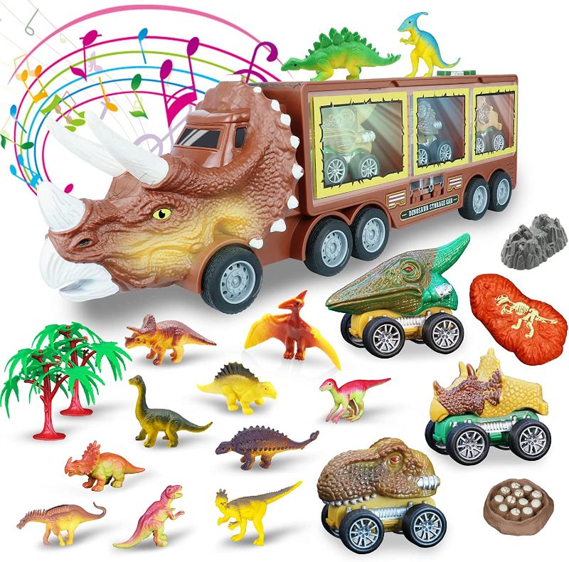 Photo 1 of Dinosaur Toy Truck for 3 4 5 Year Old Boys and Girls, 23 in 1 Dinosaur Toys Set for Kids, Pull Back Cars, Truck Toy with Music and Roaring Sound & Flashing Lights, Toddler Toys Gifts for Kids Age 2-7
