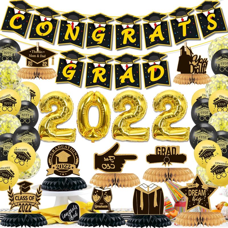 Photo 1 of Graduation Party Decorations 2022, Graduation Party Supplies 50pcs Including Congrats Grad Banner, 9pcs Graduation Centerpieces for Tables 2022, 24pcs Latex Balloons, 4pcs Foil 2022 Balloons (Style B)
