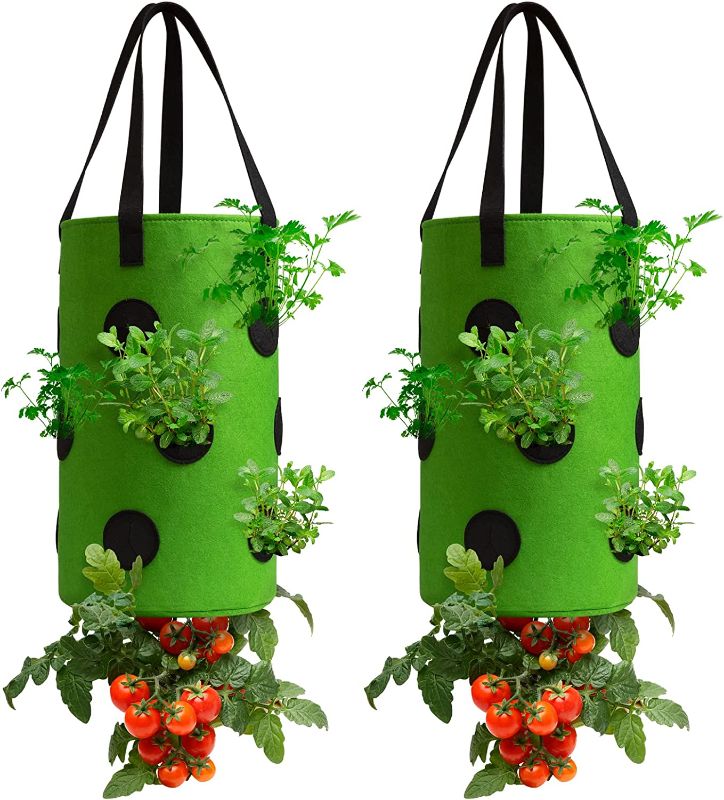 Photo 1 of 2 Pack Green Upside Down Tomato & Herb Planter, Outdoor Hanging Durable Aeration Fabric Strawberry Planter Bags
