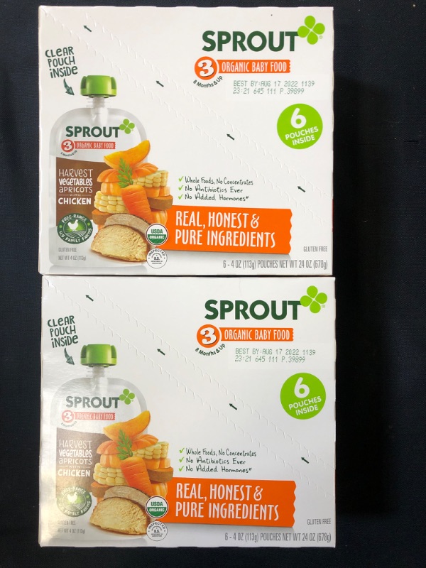 Photo 2 of  Sprout Organic Baby Food Pouches Stage 3, Harvest Vegetables Apricots w/ Chicken, 4 Ounce Pouches, set of 2 Best By  Aug 17 2022