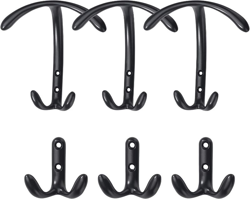 Photo 1 of 6 Pack Heavy Duty Double Claw Coat Hook Wall Mount with Screw Retro Double Coat Hook Utility Hook for Coats, Scarves, Bags, Towels, Keys, Hats, Mugs, Hats (Black)
