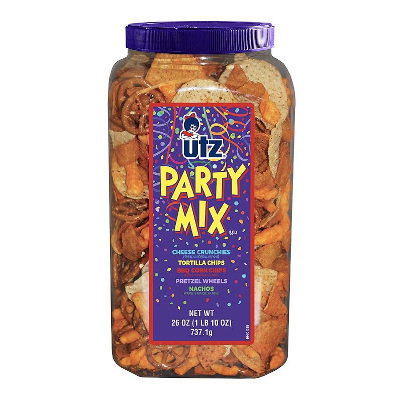 Photo 1 of 2 Pk Utz Party Mix - 26 Ounce Barrel - Tasty Snack Mix Includes Corn Tortillas, Nacho Tortillas, Pretzels, BBQ Corn Chips and Cheese Curls, Easy and Quick Party Snacks, Cholesterol Free and Trans-Fat Free BEST BY 6/27/22
