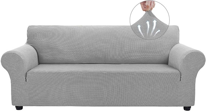 Photo 1 of Asnomy Couch Covers for 3 Cushion Couch Stretch Sofa Covers Slipcovers, Pet Protector Furniture Covers for Dogs Cats Spandex Jacquard Fabric Small Checks ?Large?Silver?

