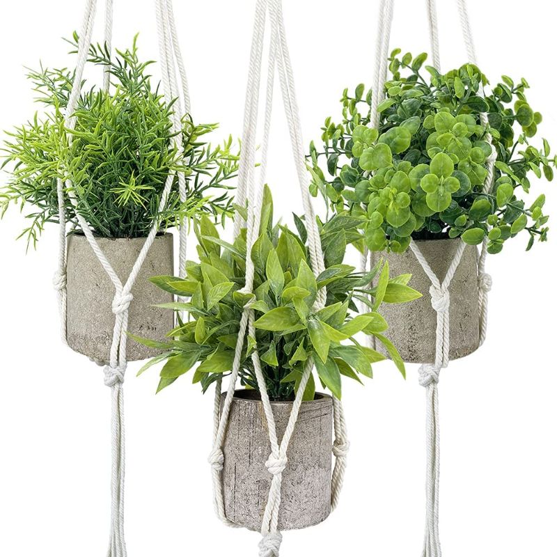 Photo 1 of 3 Pack Fake Hanging Plants with 3 Plant Hangers, Potted Artificial Hanging Plants Small Green Fake Plastic Houseplants Eucalyptus Rosemary for Bathroom Kitchen Office Wedding Shelf Shower Room Decor
