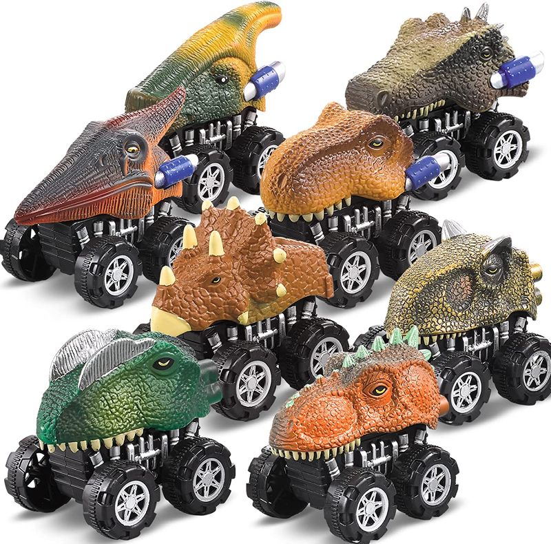 Photo 1 of Dinosaur Toys for Kids 3-5 Year Old, Pull Back Dinosaur Car for Toddler 8 Pcs Truck Cars Toy Dino World Including T-Rex, Triceratops, for Kids, Boys & Girls
