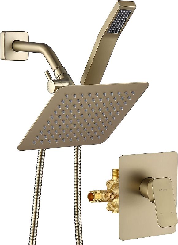 Photo 1 of All Metal Shower Faucet Set, Dual Square Shower Head System with Handheld Wand & Rainfall Showerhead, Diverter, Hose Complete Combo, Pressure Balance Rough-in Valve Included (Brushed Gold)
