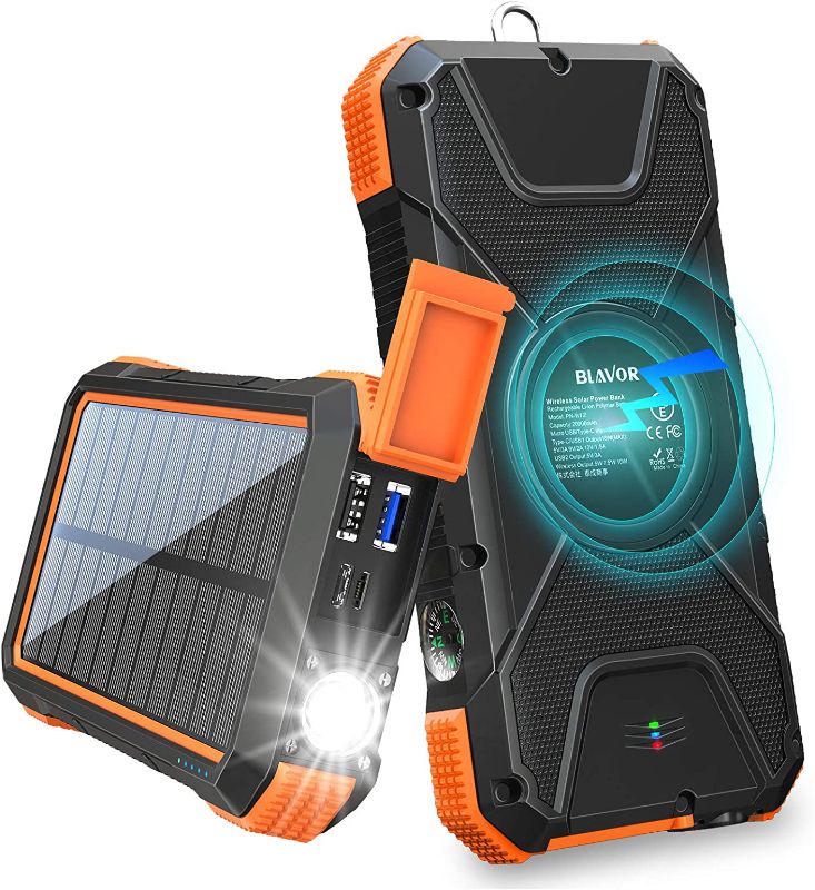 Photo 1 of BLAVOR Solar Charger Power Bank 18W, QC 3.0 Portable Wireless Charger 10W/7.5W/5W with 4 Outputs & Dual Inputs, 20000mAh External Battery Pack IPX5 Waterproof with Flashlight & Compass (Orange)
