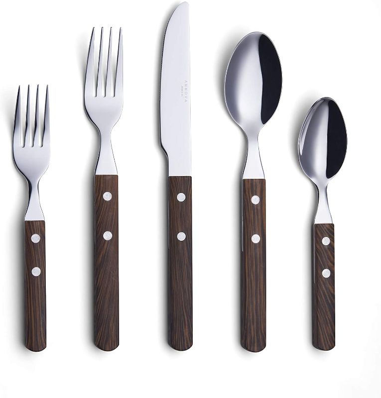 Photo 1 of ANNOVA Silverware Set 20 Pieces Stainless Steel Color Handle With Rivet/Retro Style Flatware - 4 x Dinner Knife; 4 x Dinner Fork; 4 x Salad fork; 4 x Tablespoon; 4 x Teaspoon (Walnut/Wood, 20 Pieces)
