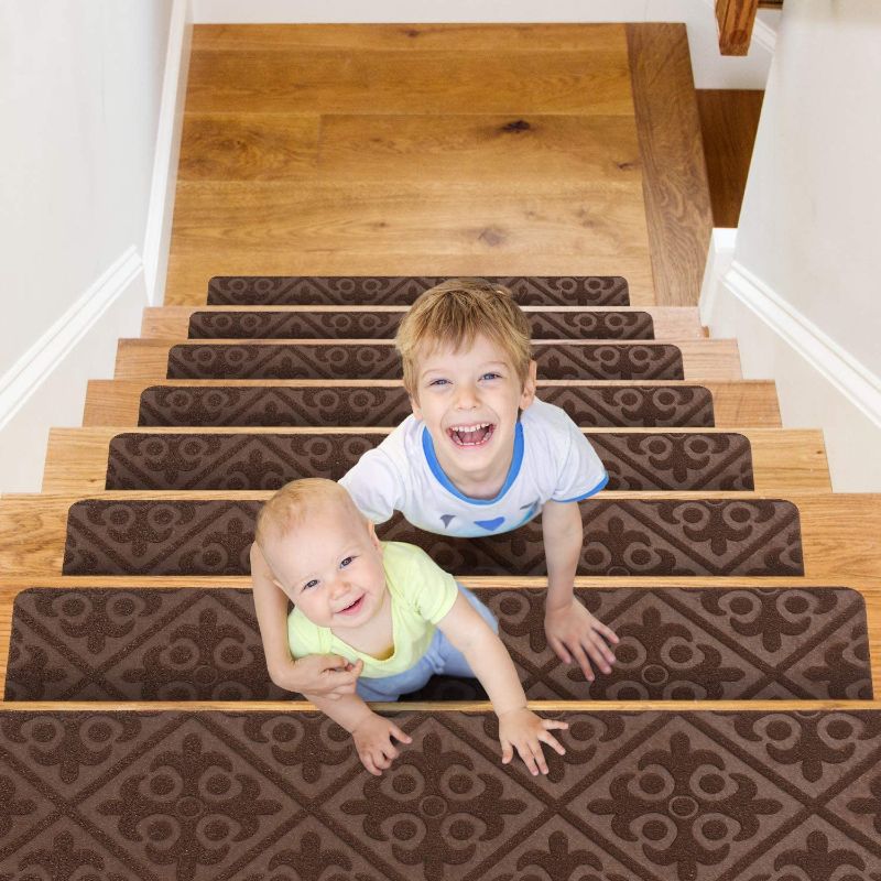 Photo 1 of CrystalMX Non-Slip Carpet Stair Treads, Anti Moving Grip and Beauty Rug Tread Safety for Kids Elders and Dogs, 8" X 30" (Brown, Set of 15)
