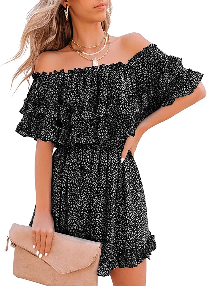 Photo 1 of Fazortev Womens Flowy Off Shoulder Dress Summer Ruffle Smocked Casual Square Neck Elastic Waist Mini Dress - MEDIUM -