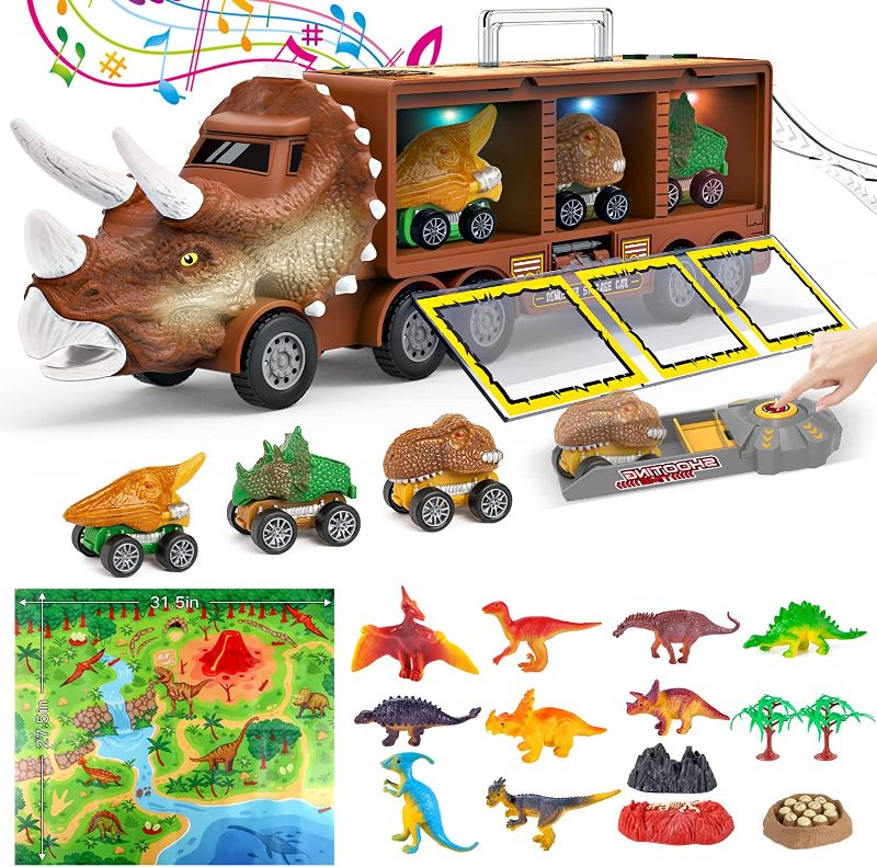 Photo 1 of Dinosaur Toys for Kids 3-5, Triceratops Transport Carrier with Roar Sound & Lights, Pull Back Dino Monster Truck Dinosaur Figures Playset 