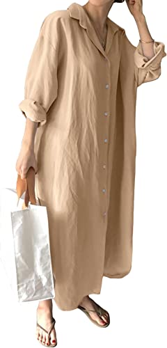 Photo 1 of GGUHHU Womens Chic Button Down Rolled-Up Sleeve Long Cotton Blouse Maxi Dress - SMALL -