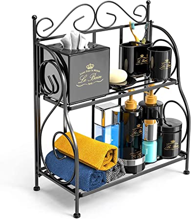 Photo 1 of Bathroom Countertop Organizer, F-color 2 Tier Collapsible Kitchen Counter Spice Rack Jars Bottle Shelf Organizer Rack, Black