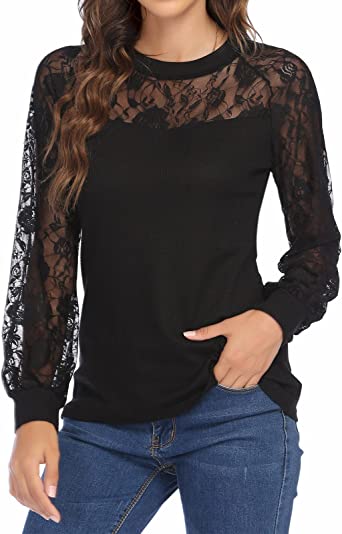 Photo 1 of Leaduty Lace Tops for Women Lantern Long Sleeve Shirts Round Neck Dressy Elegant Waffle Blouses - SMALL - NEEDS TO BE WASHED -