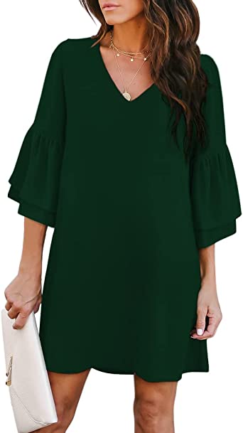 Photo 1 of BELONGSCI Women's Dress Sweet & Cute V-Neck Bell Sleeve Shift Dress Mini Dress -LARGE -