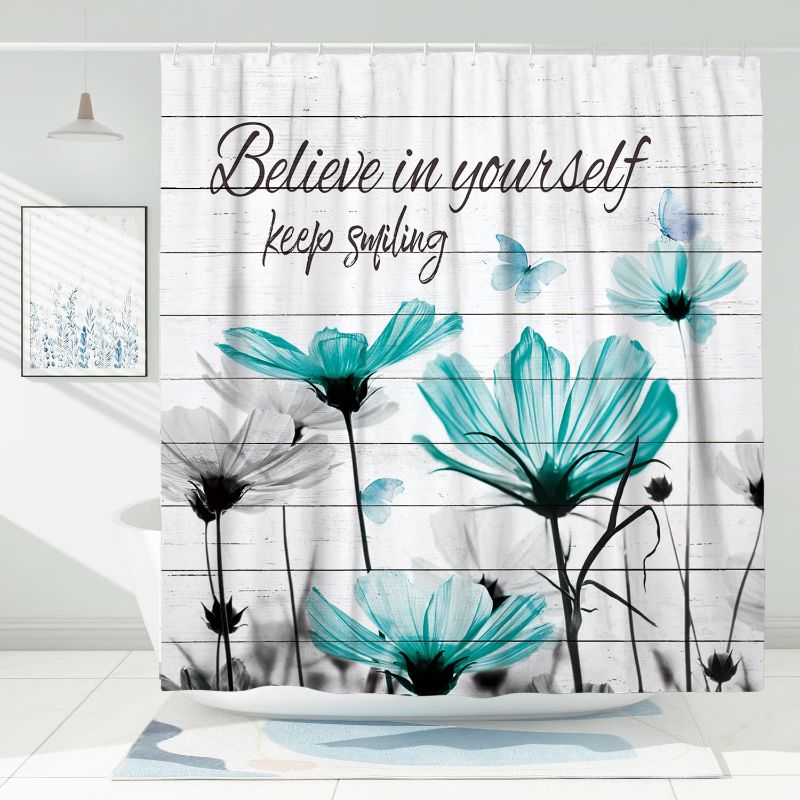 Photo 1 of DESIHOM Teal Floral Shower Curtain Watercolor Flower Shower Curtain Farmhouse Style Shower Curtain Inspirational Wood Shower Curtain Country Shower Curtain Polyester 72x72 Inch