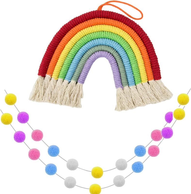 Photo 1 of Poitemsic Rainbow Wall Hanging Decorations Rainbow Tassel Ornaments Colorful Pom Pom Ball Garland Set for Baby Kids Girls Room Bedroom Decorations