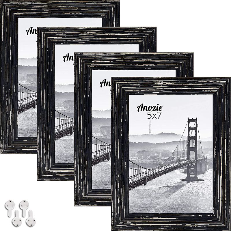 Photo 1 of 5x7 Picture Frame Set of 4 Display Pictures with Mat Black Matte and Gold Flat Frame,Classic Plastic Photo Frames with High Definition Glass,Simple Designed,for Wall Mount & Table Top Decor Vertical
