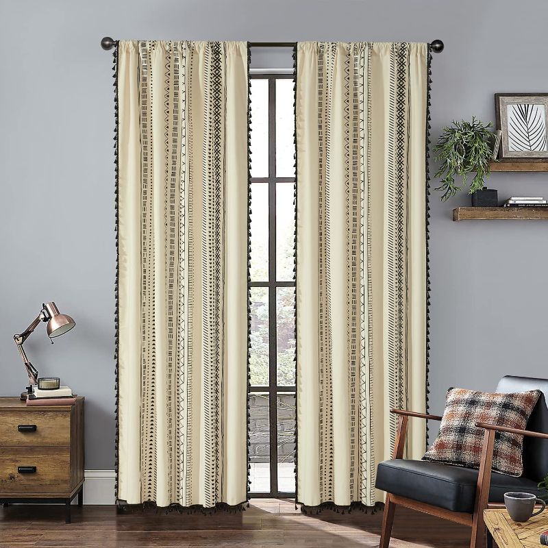 Photo 1 of Dreaming Casa Black Boho Cotton Curtains Rod Pocket Window Semi Sheer Curtain 2 Panels 63 inches Long, 52" W x 63" L
