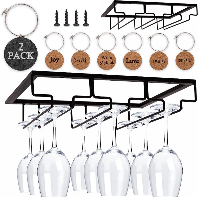 Photo 1 of Empress Industries Metal Hanging Wine Glass Rack Under Cabinet with Wine Charms– 13.3x3.5 inches Wine Glass Holder Under Shelf- 2pack
