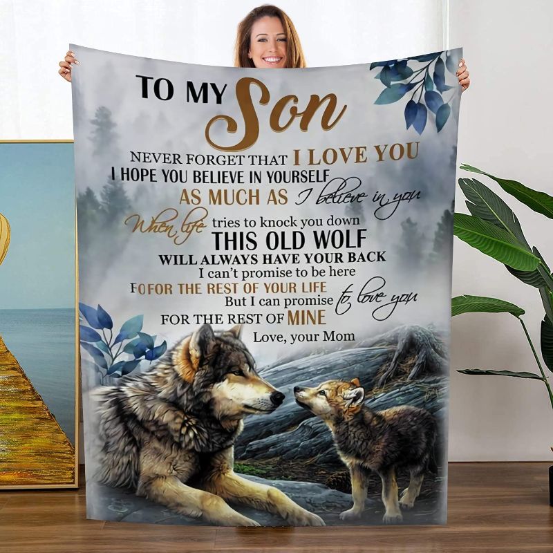Photo 1 of yuboo to My Son Blanket from Mom Loves You,Fleece Sublimation Blanket Wolf Gifts Throw for Teen's Children for Sofa Couch Bed Decorations,50''x40
