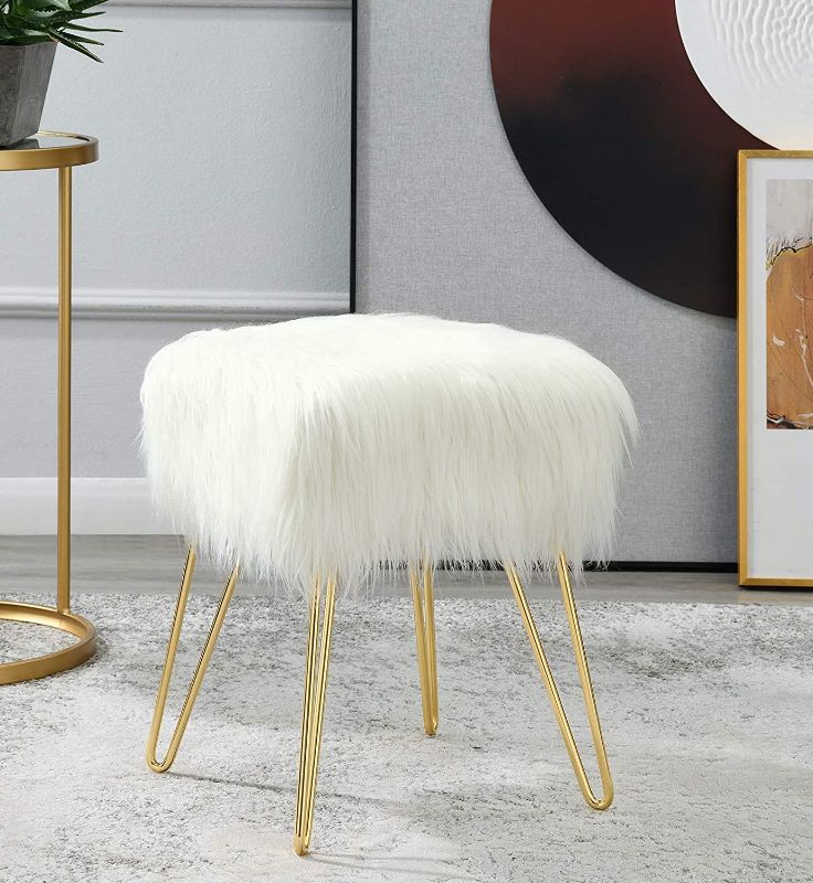 Photo 3 of C COMFORTLAND White Faux Fur Makeup Chairs for Vanity Desk, Small Fluffy Footstool Ottoman Seat, Square Vanity Stool Chair, Foot Rest Coffee Table Dressing Stool for Bedroom Living Room Kids Room
