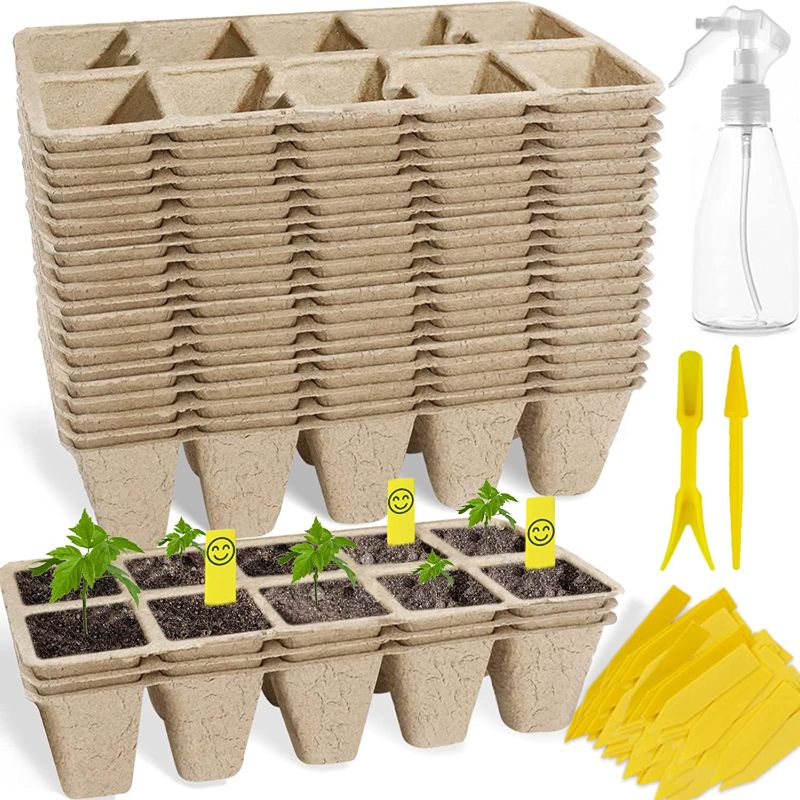 Photo 1 of 200 Cell Seedling Starter Trays with Drainage Holes, 20 Biodegradable Peat Pots, Seedling Starter Kit, Organic Germination Plant Starter Trays (200 Labels, 2 Transplanting Tools, 1 Spray Bottle)
