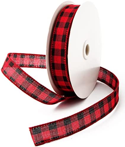Photo 1 of 1 Inch 25 Yards Red and Black Buffalo Plaid Burlap Ribbon with Christmas Wire for Gift Wrapping, Christmas Craft Decoration, Floral Bows
