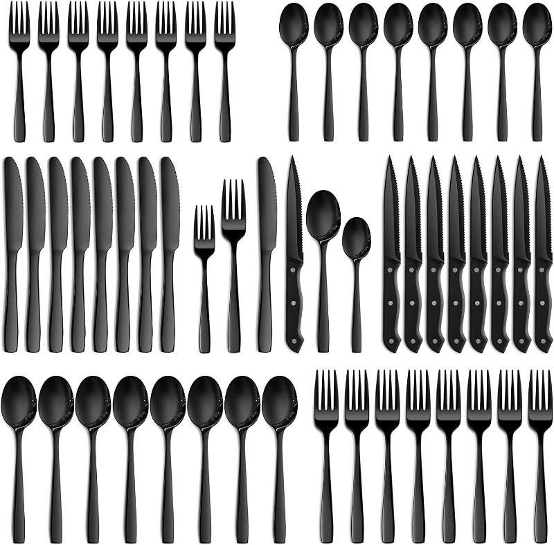 Photo 1 of 48 Pcs Black Silverware Set, NETANY Black Flatware Set, Food-Grade Stainless Steel Cutlery Set for 8, Tableware Eating Utensils, Mirror Finished, Dishwasher Safe