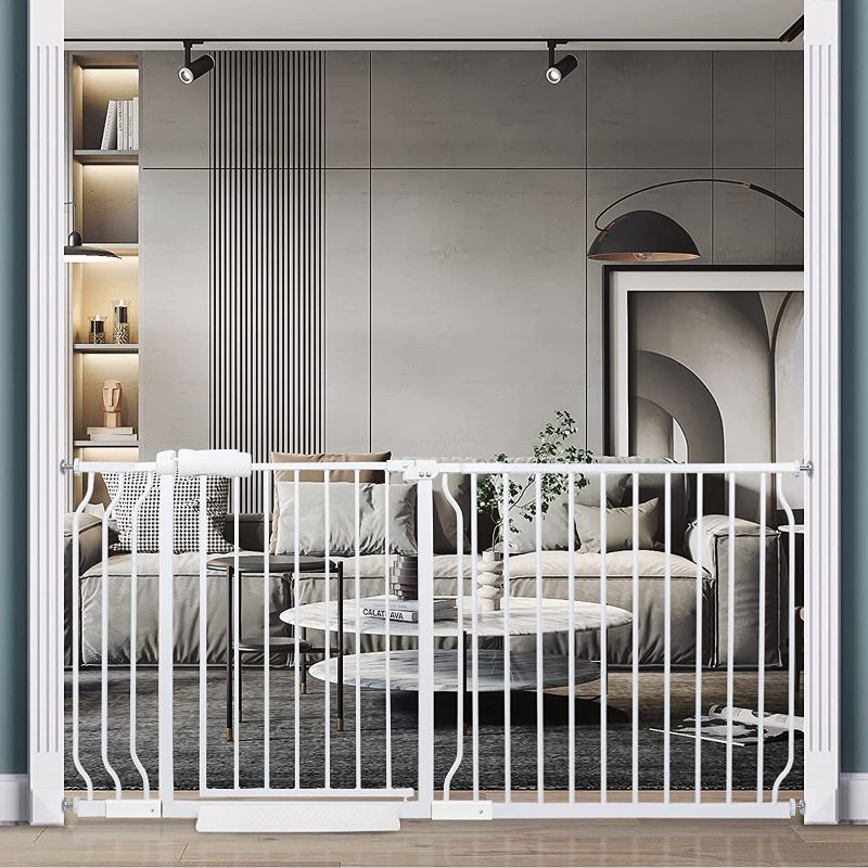 Photo 1 of HOOOEN Extra Wide Baby Gate Extra Tall Dog Gate for Stairs Doorways White Metal Tension Child Pet Safety Gates with Pressure Mount 62-67 Inch