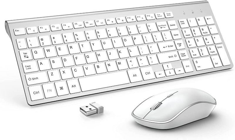 Photo 1 of Wireless Keyboard and Mouse,J JOYACCESS USB Slim Wireless Keyboard Mouse with Numeric Keypad Compatible with iMac Mac PC Laptop Tablet Computer Windows (Silver White)