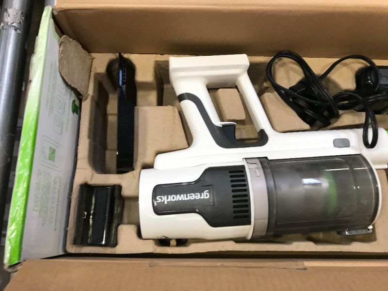 Photo 1 of Greenworks 24V Brushless Cordless Stick Vacuum, Lightweight, Handheld, Pet, Anti-Allergen HEPA Filtration, Hard Floor, Carpet, Car, 4Ah Battery, and 30-Minute Charge Time (White)
