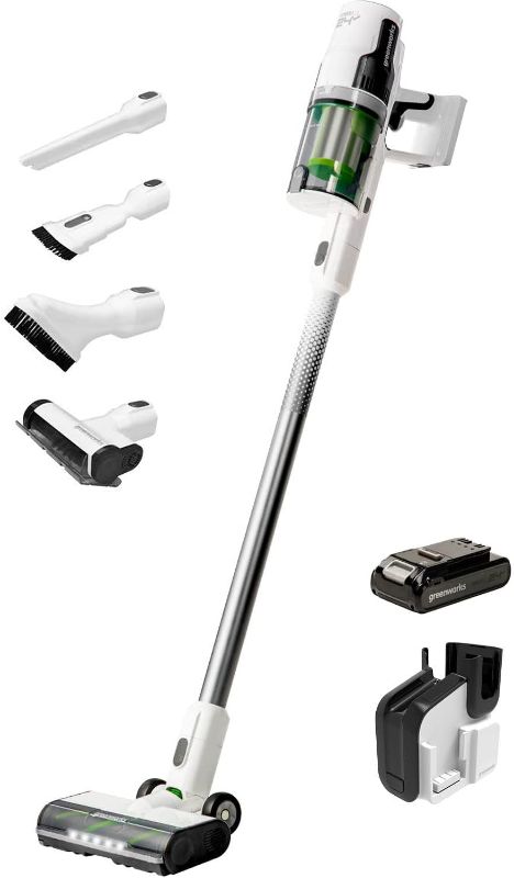 Photo 1 of Greenworks 24V Brushless Cordless Stick Vacuum, Lightweight, Handheld, Pet, Anti-Allergen HEPA Filtration, Hard Floor, Carpet, Car, 4Ah Battery, and 30-Minute Charge Time (White)
