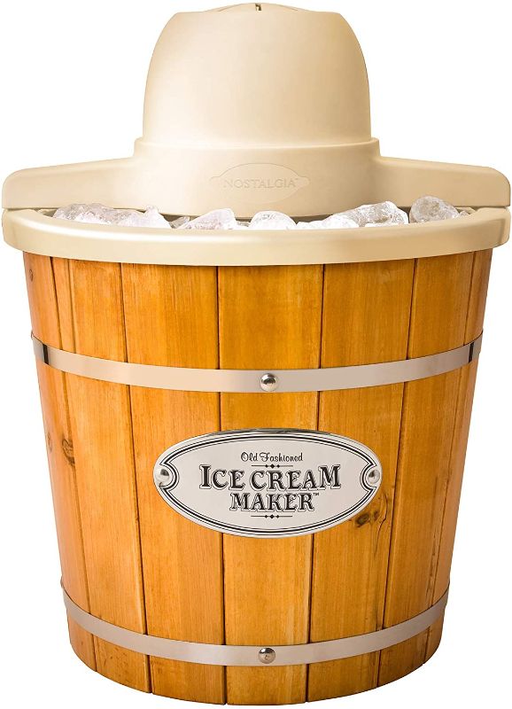 Photo 1 of Nostalgia Electric Ice Cream Maker, Old Fashioned Bucket Style Ice Cream Machine Makes 4-Quarts of Ice Cream, Frozen Yogurt or Gelato in Minutes, Made from Real Wood, Brown
