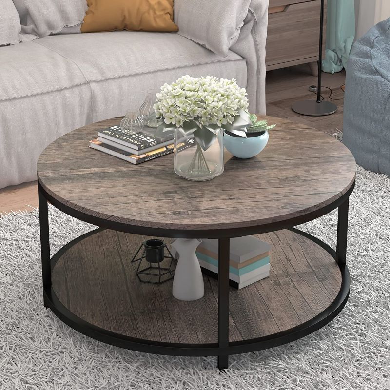 Photo 1 of 36 inches Round Coffee Table, Rustic Wooden Surface Top & Sturdy Metal Legs Industrial Sofa Table for Living Room Modern Design Home Furniture with Storage Open Shelf (Light Walunt)--++