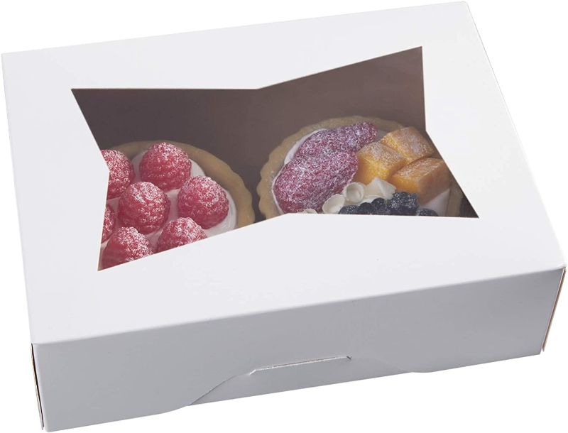 Photo 1 of 8inch White Cookie Boxes with Window,Auto-Popup Rectangular Bakery Box for Muffins and Pastry,Chocolate Covered Strawberry Cardboard Clear Lid Treat Packaging 8x5.75x2.5,Pack of 15
