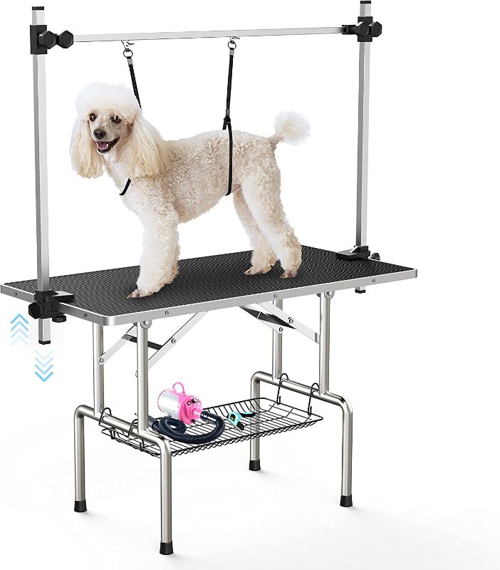 Photo 1 of Lyromix Adjustable Pet Large Foldable Dog Grooming Table with Arms, Noose, Mesh Tray, Maximum Capacity Up to 330Lb, 46inch, Black
