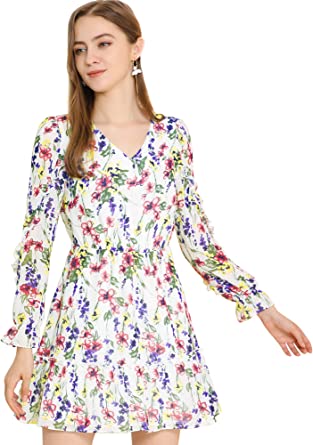 Photo 1 of Allegra K Women's Ruffle Hem V Neck Long Sleeve A-line Floral Dress with Belt
Size: M