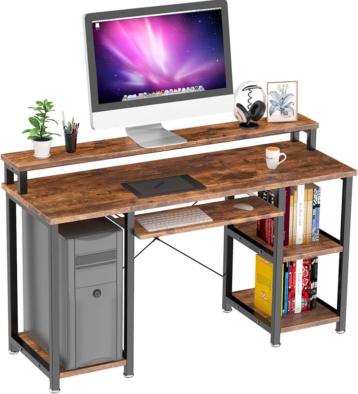 Photo 1 of NOBLEWELL NWCD1V Computer Desk with Monitor Stand Storage Shelves Keyboard Tray, Rustic Brown
