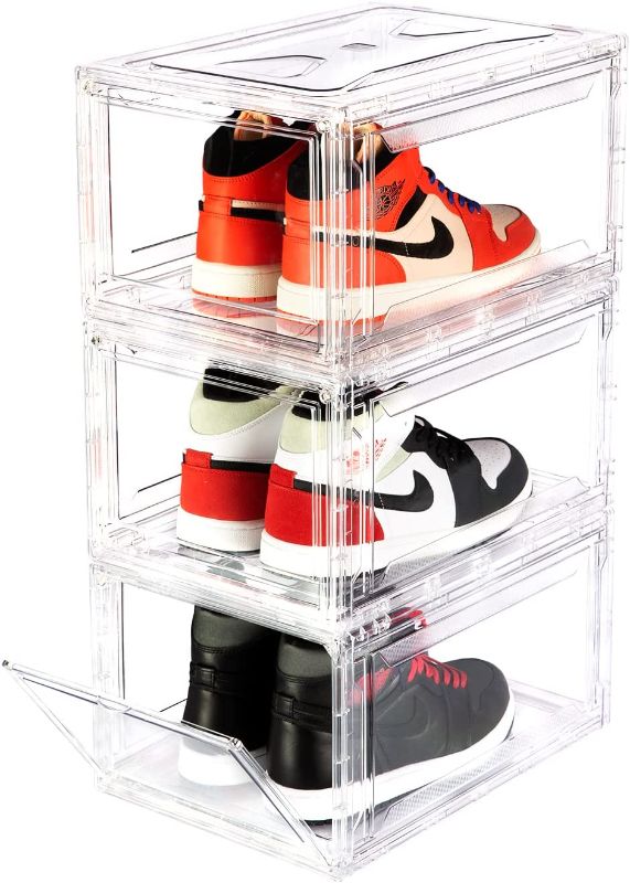 Photo 1 of BBYB 3Pack Clear Shoe Box, Shoe Boxes Clear Plastic Stackable with Lids, Drop Front Shoe Organizer and Containers, Sneaker Storage Display Case Magnetic Door, Easy to Assemble 14.56*7.87*10.23 Inches