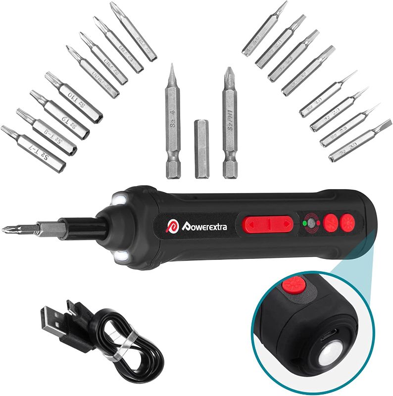 Photo 1 of POWEREXTRA Electric Screwdriver Kit 16W Drill Compact Mini Cordless Screwdriver Set Rechargeable Bits 2000mAh Li-ion,1/4 in & 5/32 in Screwdriver Bits,3 LED Working Light,Current detector