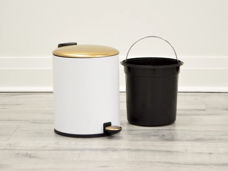 Photo 1 of AQ Round Metal 5 Liter/1.3 Gallon Step Trash Can with Removable Liner & Soft Close Lid, Small Garbage Pedal Waste Bin for Bathroom, Bedroom or Office - Matte White & Brushed Gold